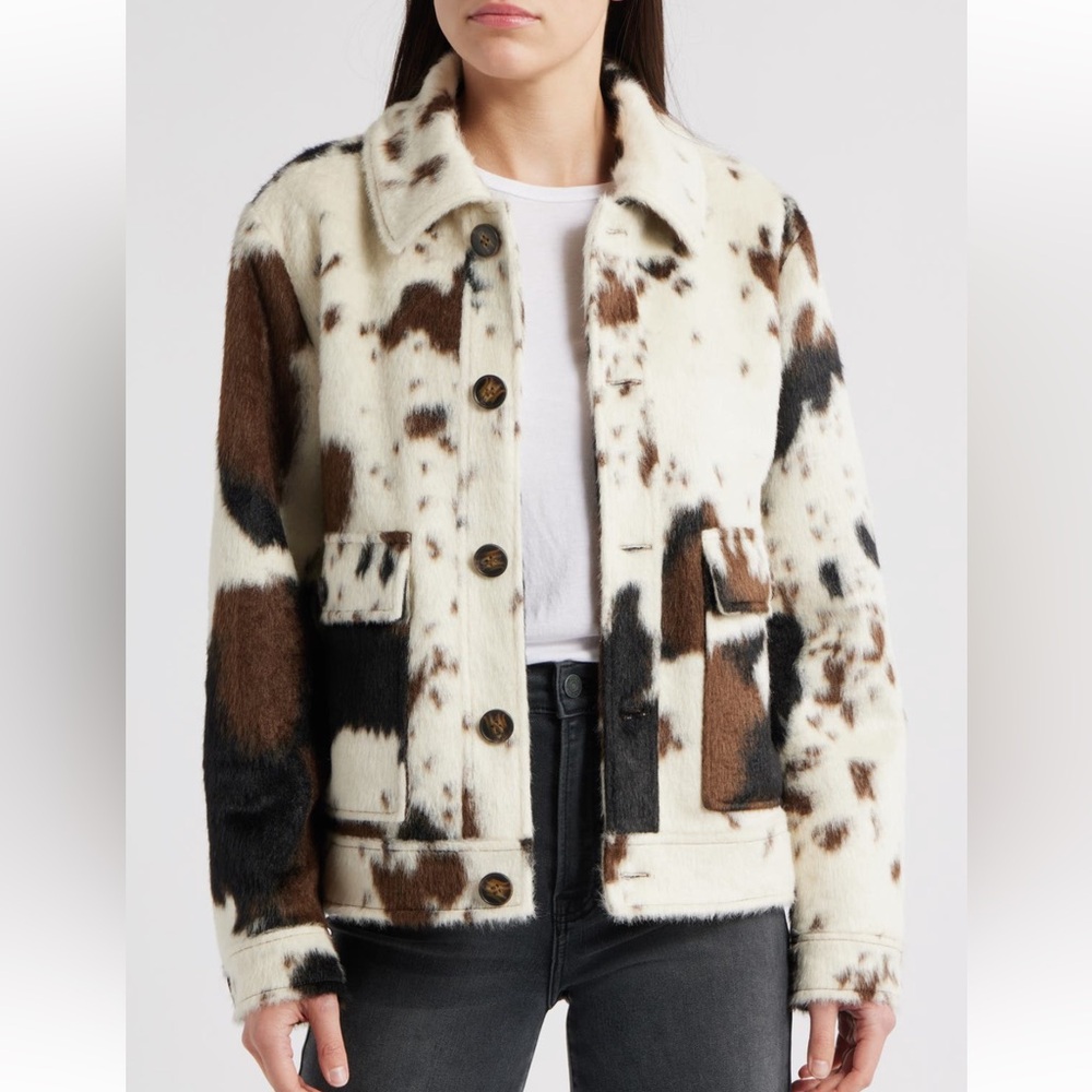 Bernardo Cow Print Faux Fur Jacket - Picture 2 of 7